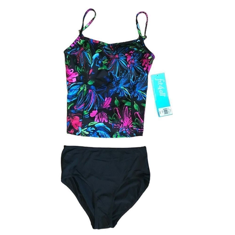 Fit 4 U SZ 8 Tankini Swimsuit 2pc modest colorful black pink New w/tags